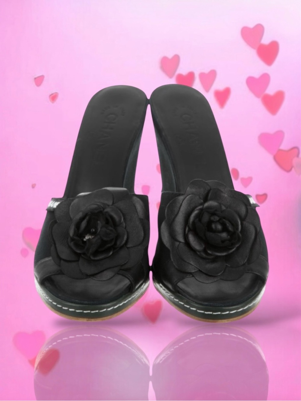 🩷CHANEL Canvas Leather Camellia Slide On Platform Wedge Sandals • BLACK • 36.5EU